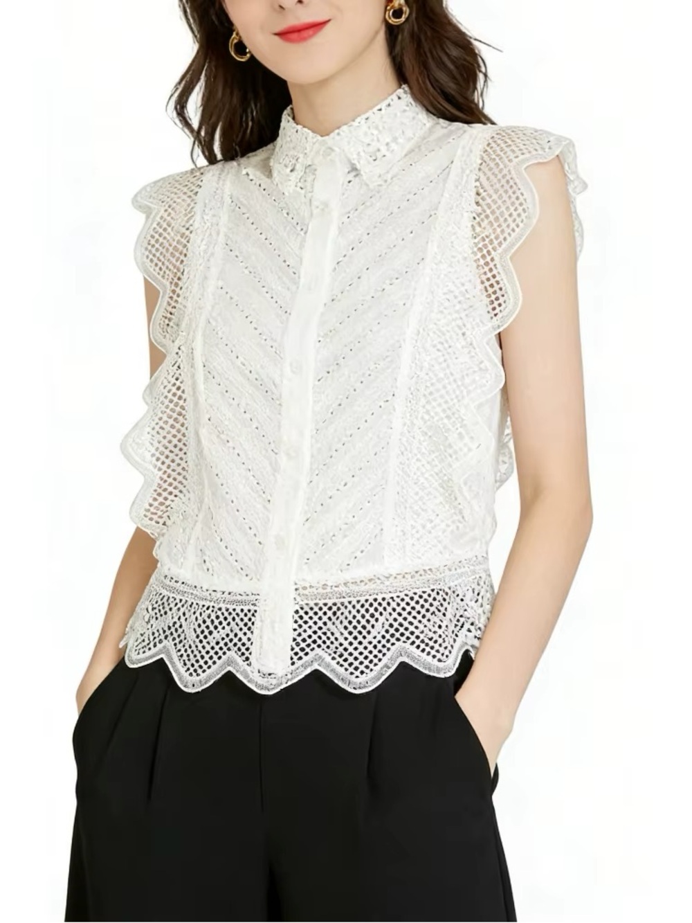 Ultra Pink White Eyelet Lace Sleeveless Button Down Blouse